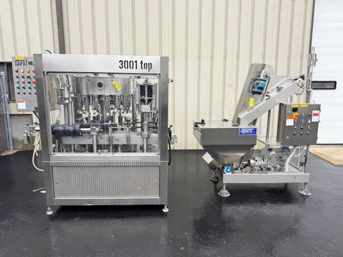 Used GAI 16Valve Triblock Bottle Sparger, Filler & Corker with Cork Feed System