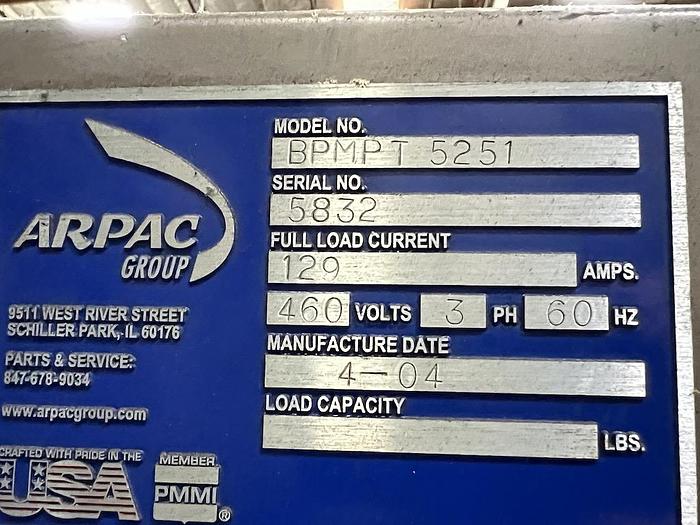 Used ARPAC BPMPT-5251 Tray Shrink Bundler Wrapper and Heat Tunnel