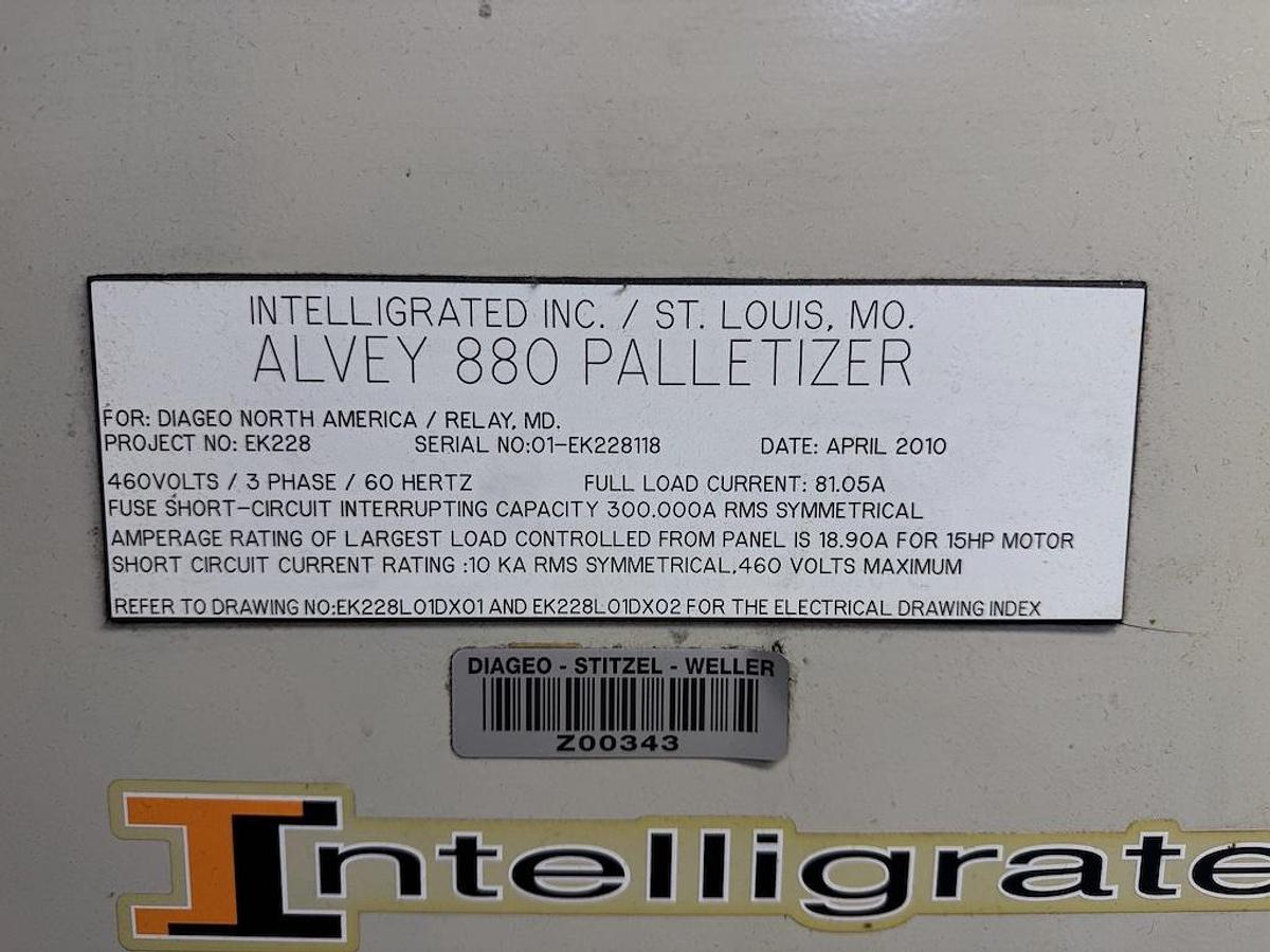 Used Alvey Automatic High Speed Case Palletizer, model 881, Year 2010