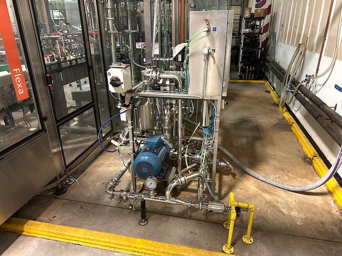 Used KOSME Complete Bottling Line Includes Depalletizer, Barifill Glass Filler & Flexa Labeler