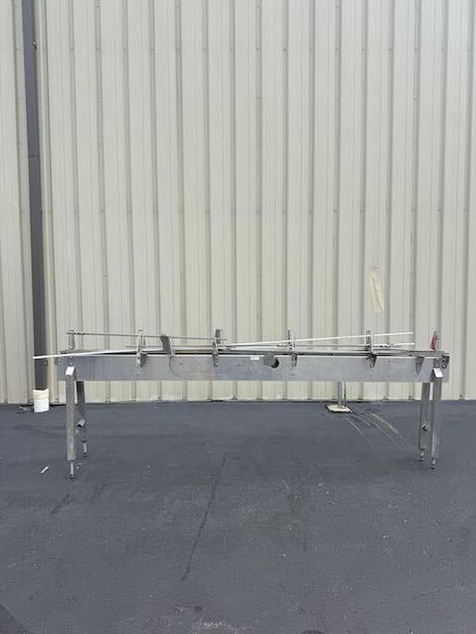 Used Conveyor - Single File 4.5-Inch Wide Stainless Steel Tabletop Conveyors with 90 Degree 45 Degree Curve, Drive Motors, Legs, lot of 144 feet