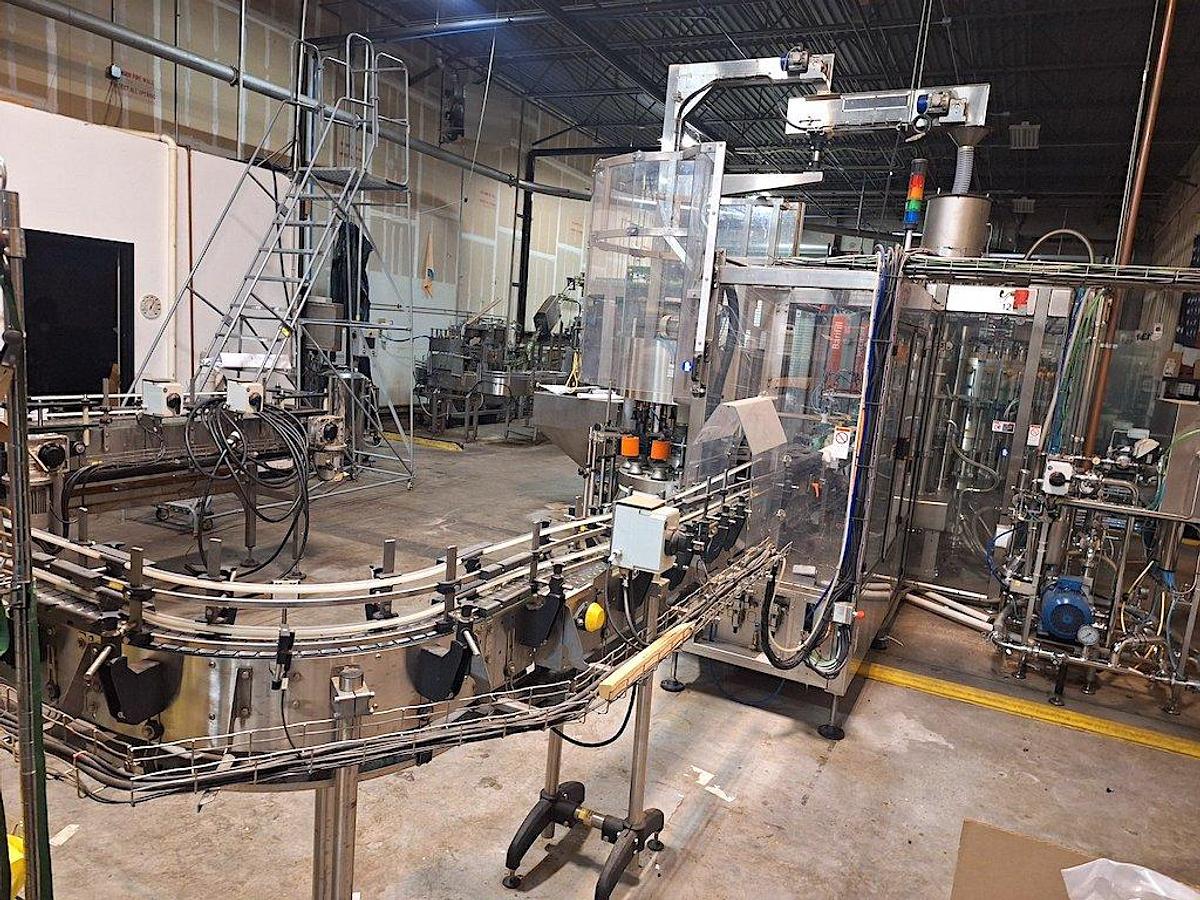 Used KOSME Complete Bottling Line Includes Depalletizer, Barifill Glass Filler & Flexa Labeler