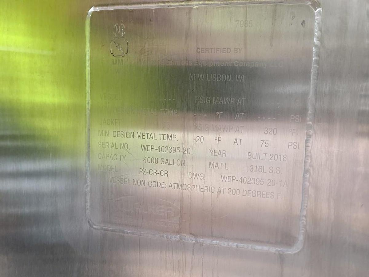 Used Walker 4,000 Gallon Mix Tanks, 316L Stainless Steel, Year 2018
