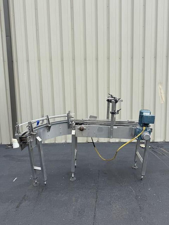 Used Conveyor - Single File 4.5-Inch Wide Stainless Steel Tabletop Conveyors with 90 Degree 45 Degree Curve, Drive Motors, Legs, lot of 144 feet