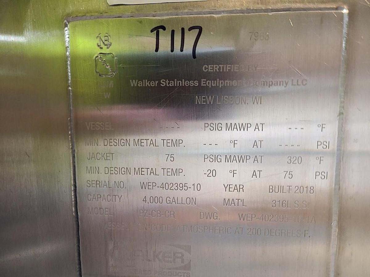 Used Walker 4,000 Gallon Mix Tanks, 316L Stainless Steel, Year 2018