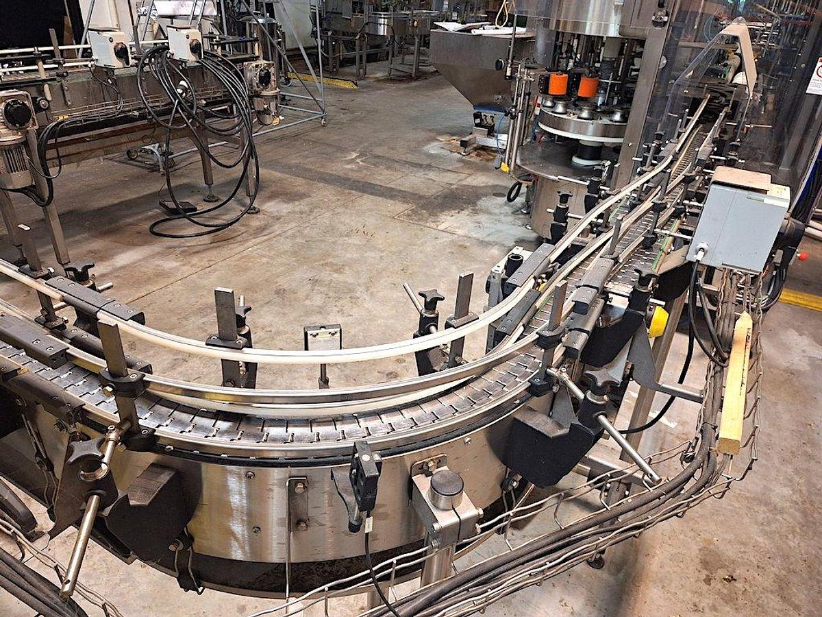 Used KOSME Complete Bottling Line Includes Depalletizer, Barifill Glass Filler & Flexa Labeler