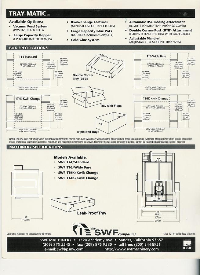 Used SWF Automatic Tray Former - Tray Erector 1T6K with Nordson 3100 Glue System