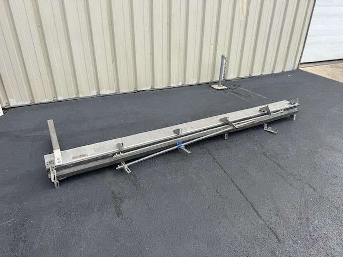 Used Conveyor - Single File 4.5-Inch Wide Stainless Steel Tabletop Conveyors with 90 Degree 45 Degree Curve, Drive Motors, Legs, lot of 144 feet
