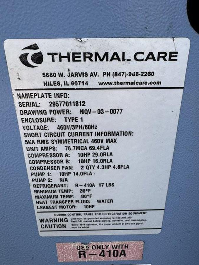 Used Thermal Care Accuchiller NQ-Series 20 Ton Water Chiller