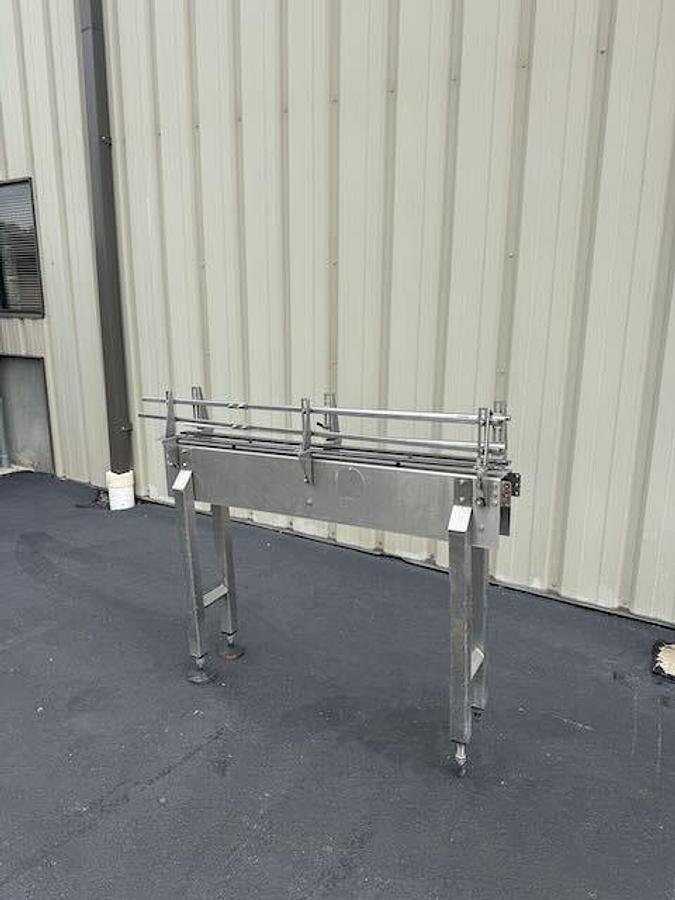 Used Conveyor - Single File 4.5-Inch Wide Stainless Steel Tabletop Conveyors with 90 Degree 45 Degree Curve, Drive Motors, Legs, lot of 144 feet
