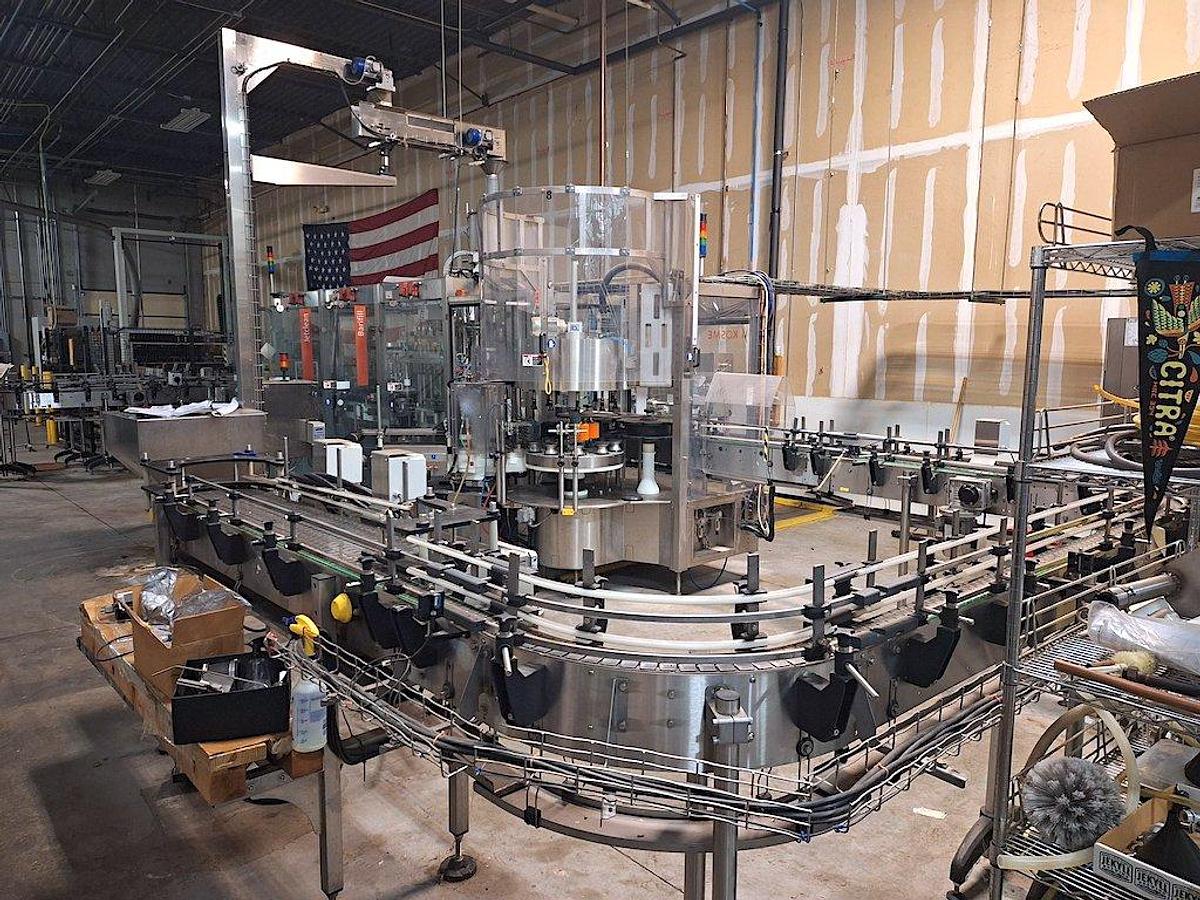 Used KOSME Complete Bottling Line Includes Depalletizer, Barifill Glass Filler & Flexa Labeler