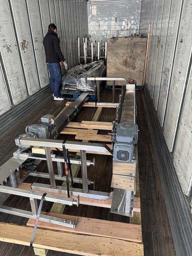 Used Lot – 100 Feet Single File 3.25-Inch Wide Stainless Steel Conveyors with 90° Curves