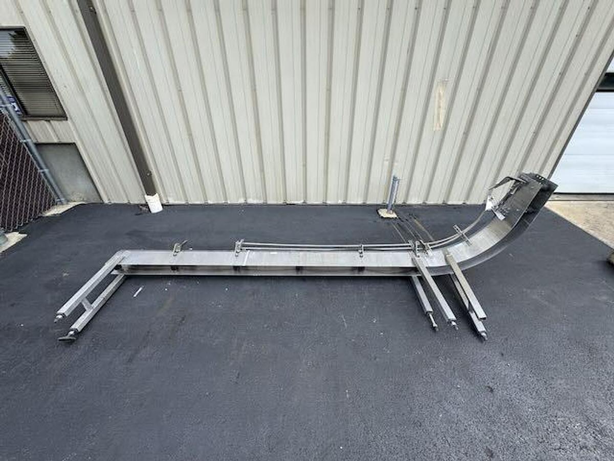 Used Conveyor - Single File 4.5-Inch Wide Stainless Steel Tabletop Conveyors with 90 Degree 45 Degree Curve, Drive Motors, Legs, lot of 144 feet