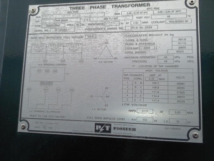 Used 1998 Pioneer 4000/5333 KVA Substation Transformer 27,600 Delta - 600Y/347