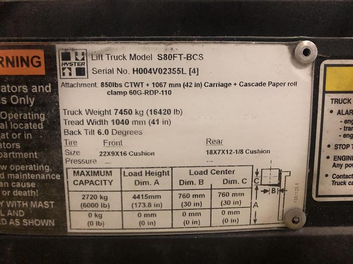 Used 8,000 POUND HYSTER MODEL S80FTBCS MFG. 2013 5,700 HOURS WITH FORKS