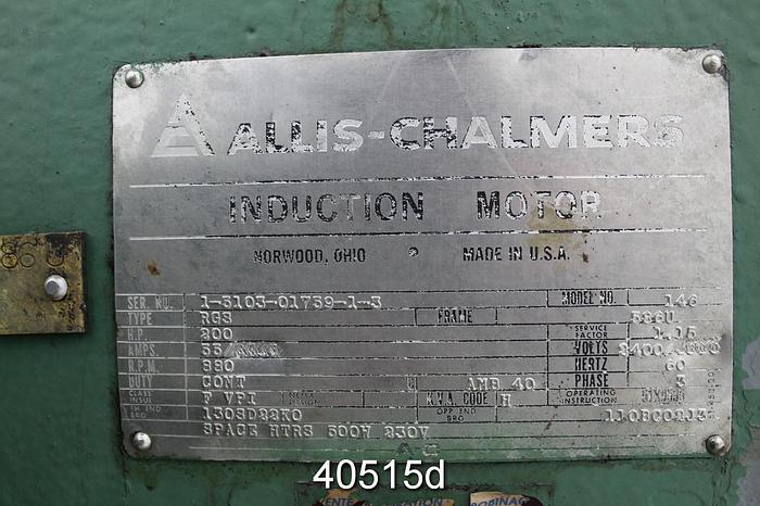 Used Allis Chalmers A/C Motor, 200Hp, 880 Rpm, 3400/4000 Volts #40515