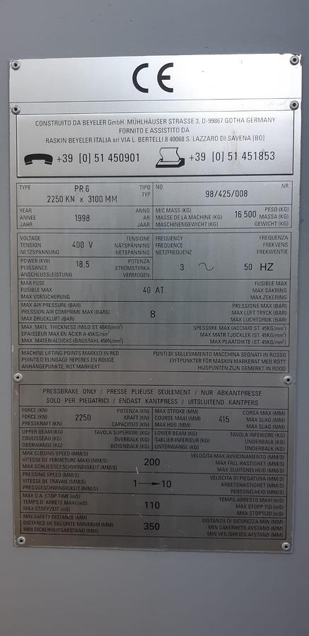 Usato Pressa Piegatrice Beyeler PR6 225×3100 7 assi