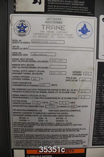 Used Trane GHND040ADE10000 Natural Gas Heater, 400 Thousand BTU/Hr Input #35351