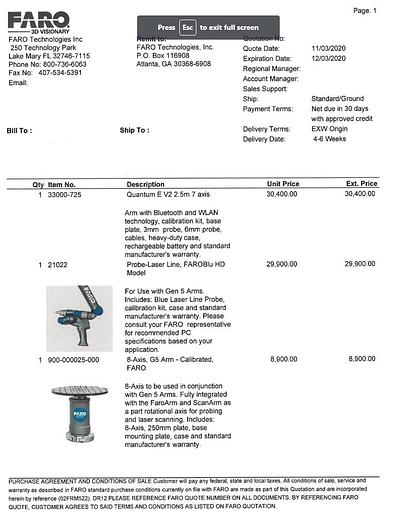 Used 2020 FARO  Quantum E Arm with LLP and 8th axis