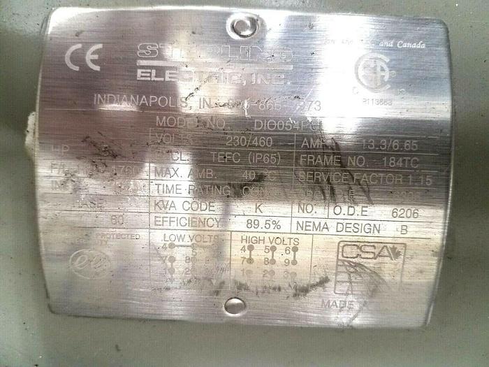 Used Sterling Electric 5 HP Gear Head Motor 498 RPM Gearhead Diary Pharmaceutical