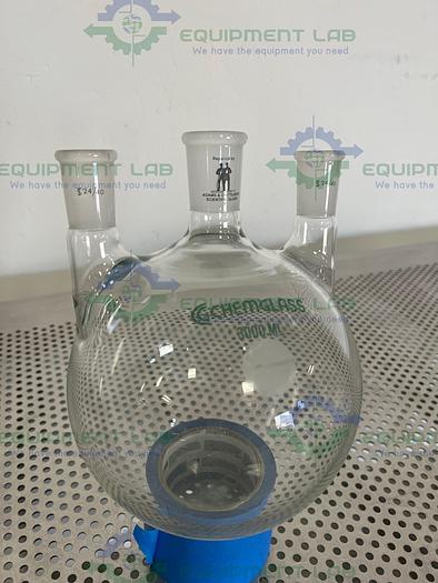 Used Chemglass  3000 mL 3-Neck Round Bottom Heavy Wall Flask 24/40, 24/26