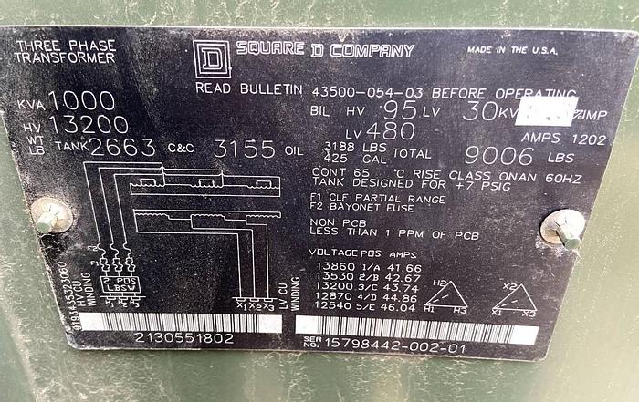 Used Square D 3 ph 1000 KVA padmount oil filled transformer