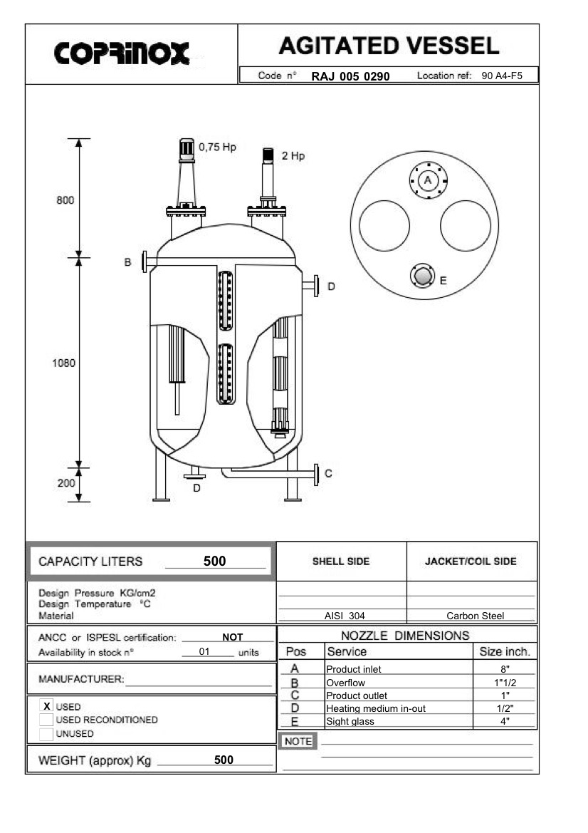 Usato Reattore  da 500 Litri