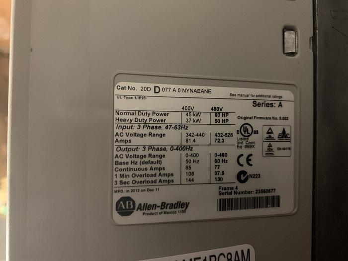 Used ALLEN BRADLEY POWERFLEX 700S DRIVE 60 HP