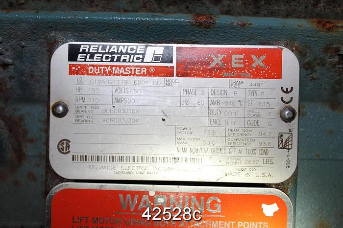 Used Toshiba/Reliance A/C Motor, 150 Hp, 720 Rpm, 449T Frame #42528