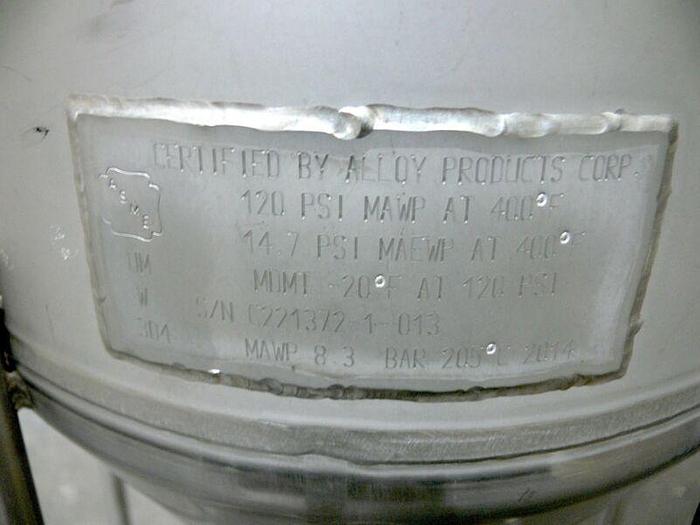 Used Alloy Products 20 Liter Stainless Steel Conical Tank 120 PSI @ 400F