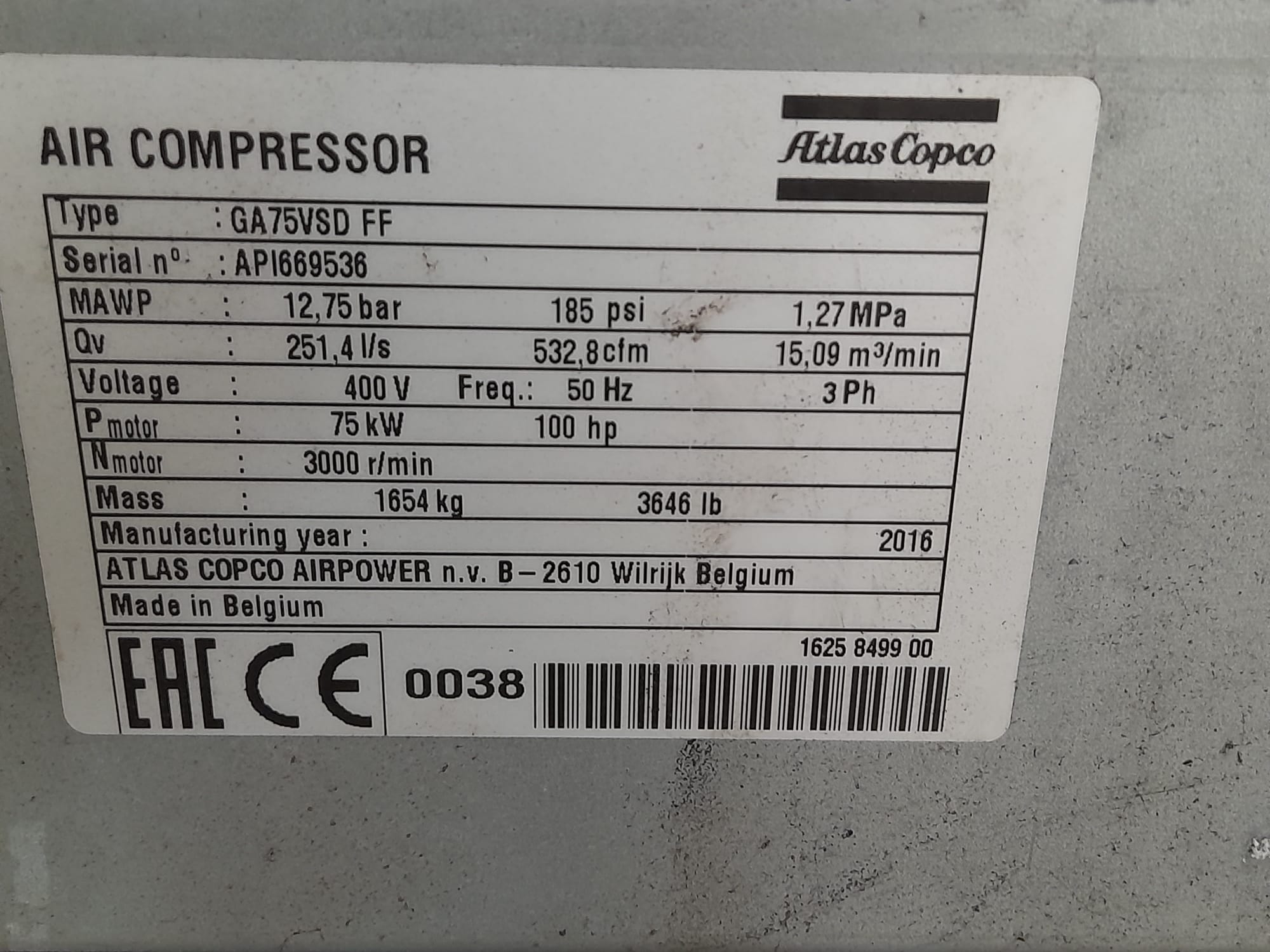 Used 2016 Atlas Copco GA75 VSD FF c/w Built in Air Dryer