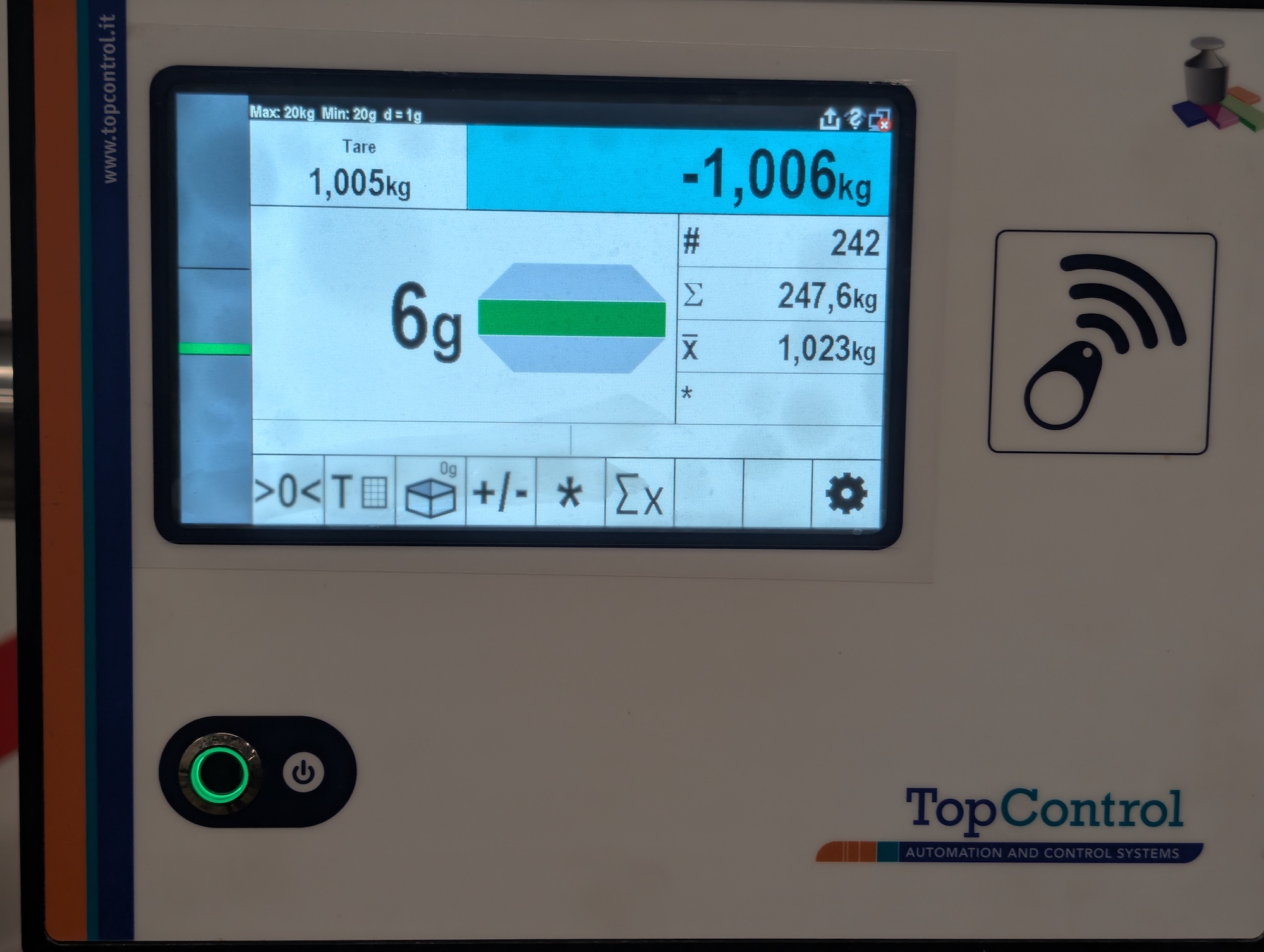 Used Top Control weighing scale with touchscreen indicator and stainless frame
