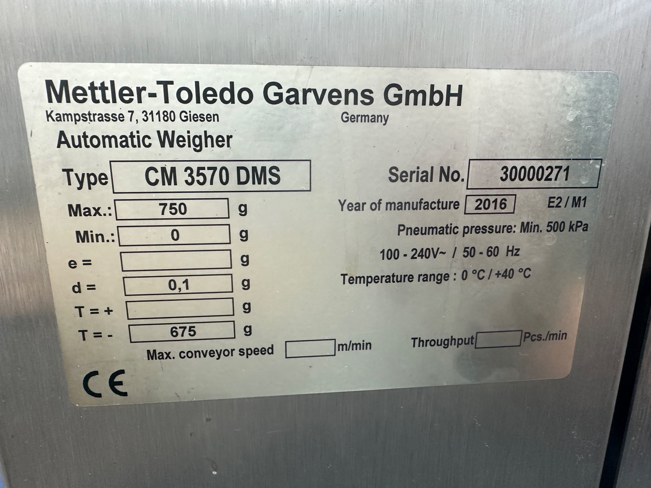 Used 2016 Mettler Toledo Garvens CM 3570 DMS