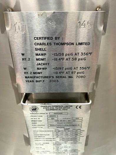 Used Charles Thompson 585 Liter Nutsche Agitated Filter Dryer w/ Spares 0.58 m3