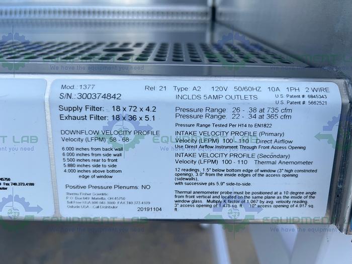 Used Thermo Scientific  1300 Series Type A2 Biological Safety Cabinet 6Ft, MFG 2019