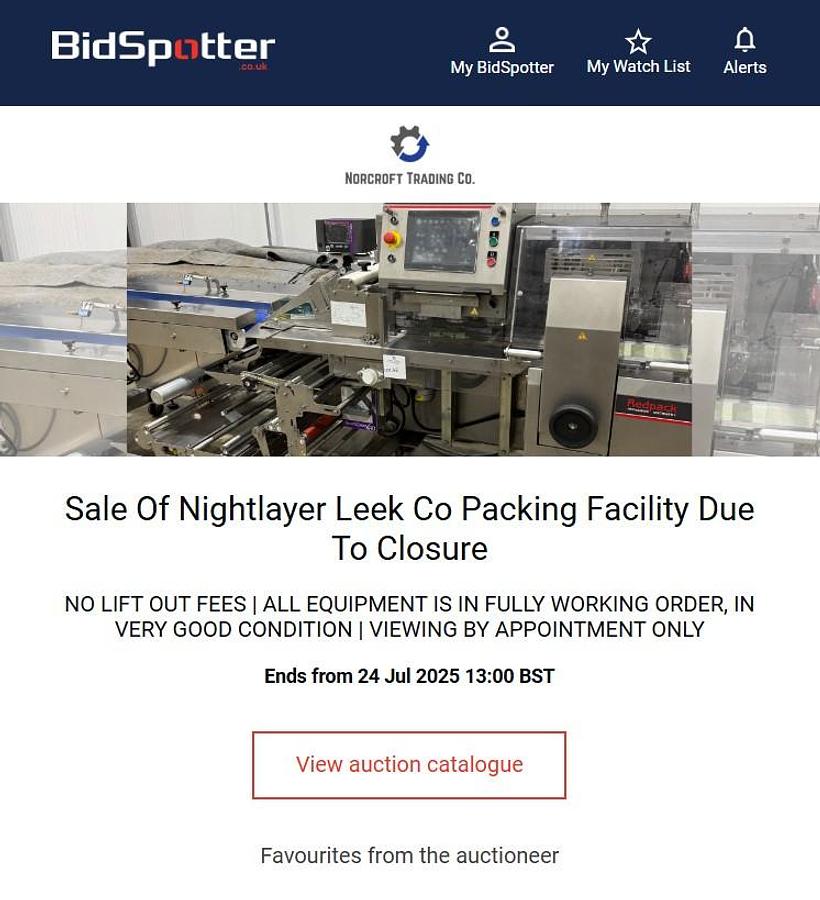 Used Auction ending 24th July 2025, sale of Nightlayer Leek Co packing facility