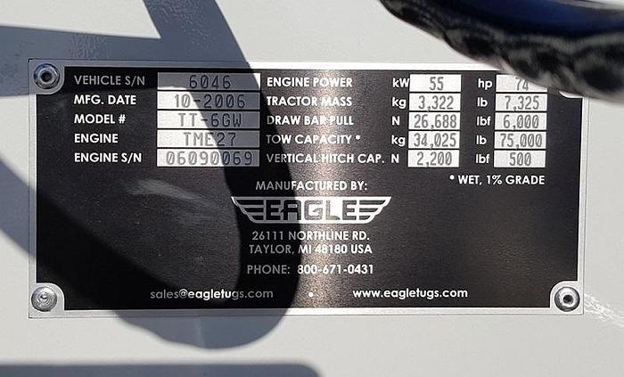 Used 2006 Eagle Tow Tractor TT-6GW power steering.