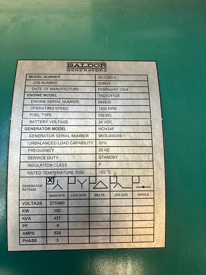 Used 2004 Baldor 400kW Generator--low hours