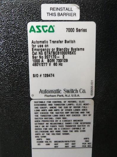 Used ASCO 1000 Amp Automatic Transfer Switch