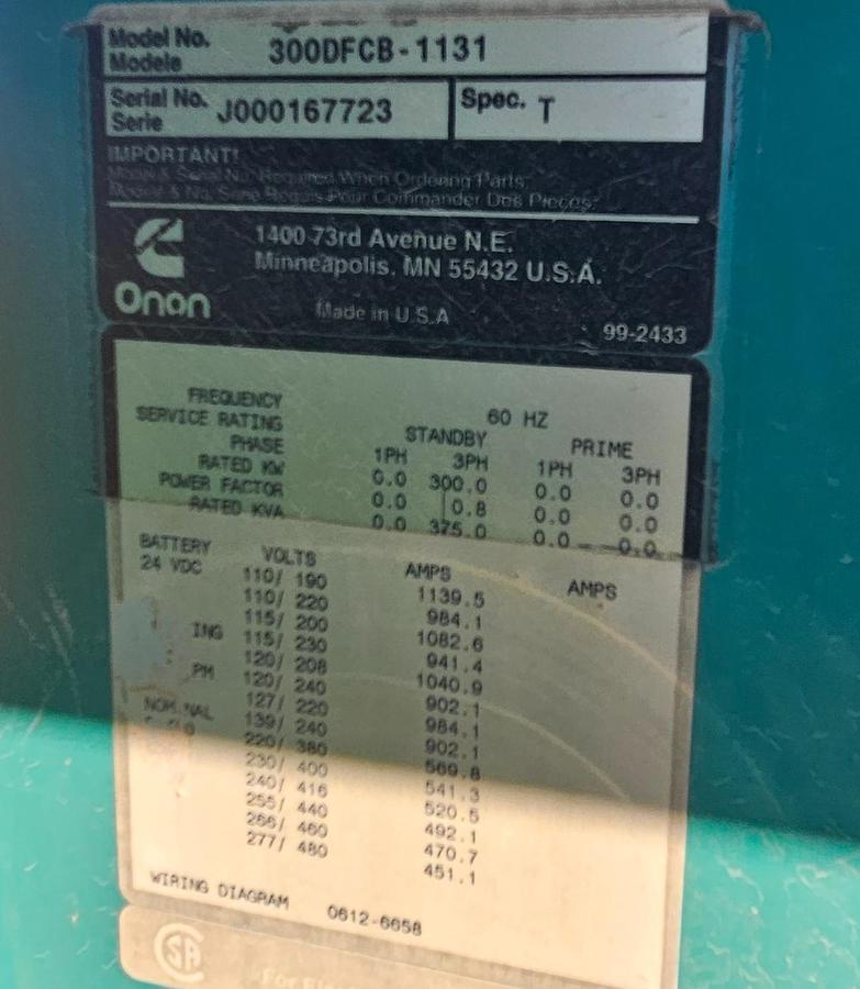 Used Cummins 300DFCB-2272 Generator 375KVA