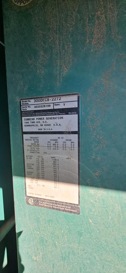 Used Cummins 300DFCB-2272 Generator 375KVA