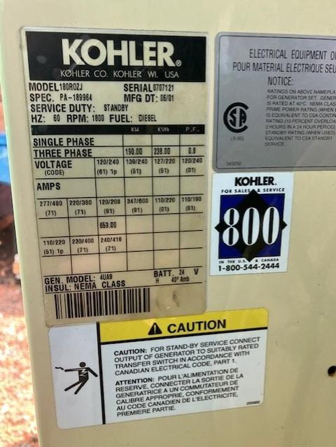 Used 190kW Kohler Generator Low Hours