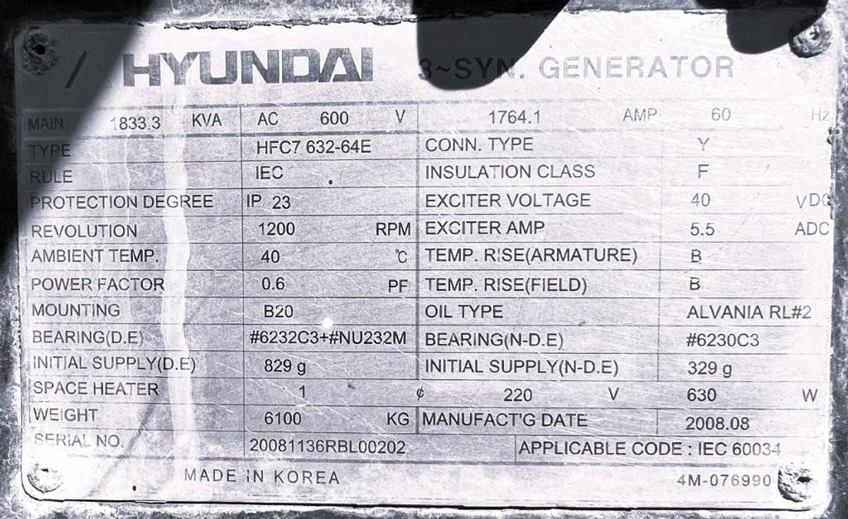 Used 1500KW MTU HYUNDAI HFC7632 Generator 