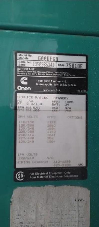 Used Cummins 600kW Diesel Generator 600DFGB