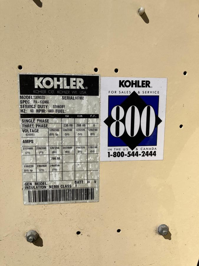 Used Kohler 230kW Generator