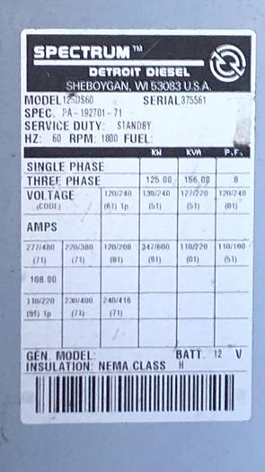 Used Spectrum 125kW Generator 125DS60 On a Trailer