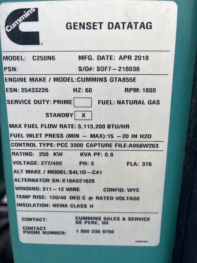 Used Natural Gas 250kW Cummins Generator