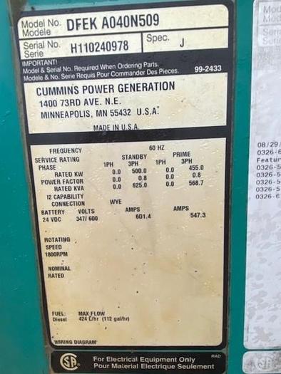 Used 2019 Cummins QSX15 500kW Generator