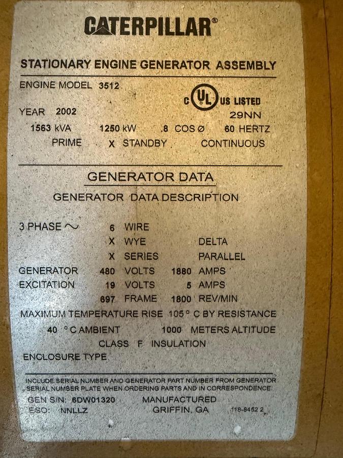 Used Caterpillar 3512B Generator 1250kW