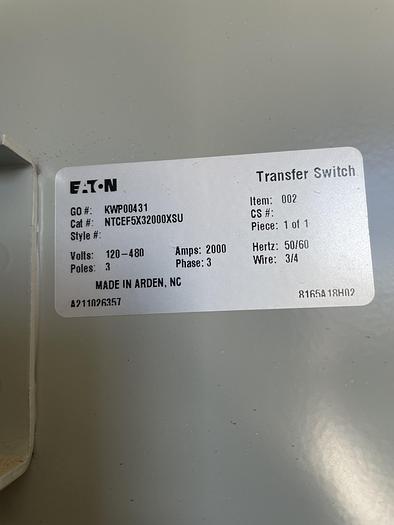 Eaton 2000 Amp Manual Transfer Switch
